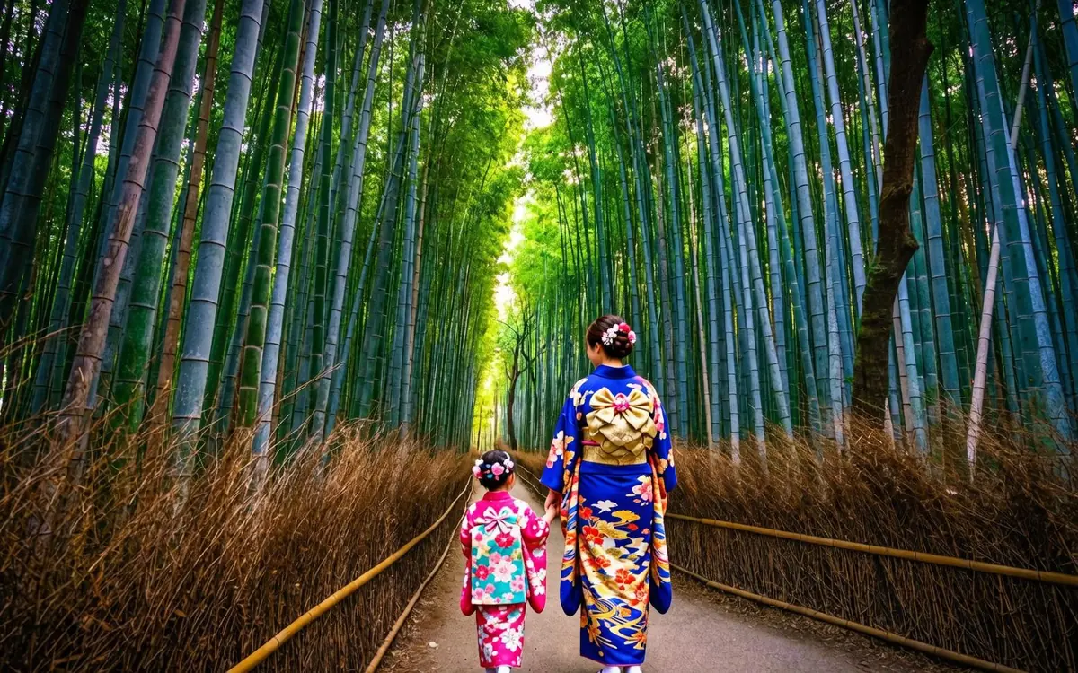The tall bamboo of the Arashiyama grove in Kyoto with a path running through it