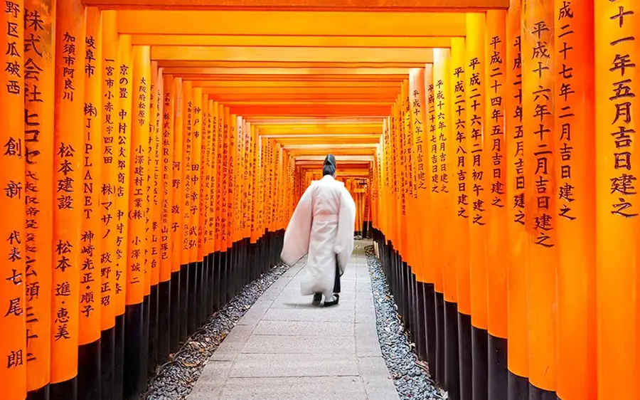 A visitor walking alone through the vermilion torii tunnel at Fushimi Inari Taisha